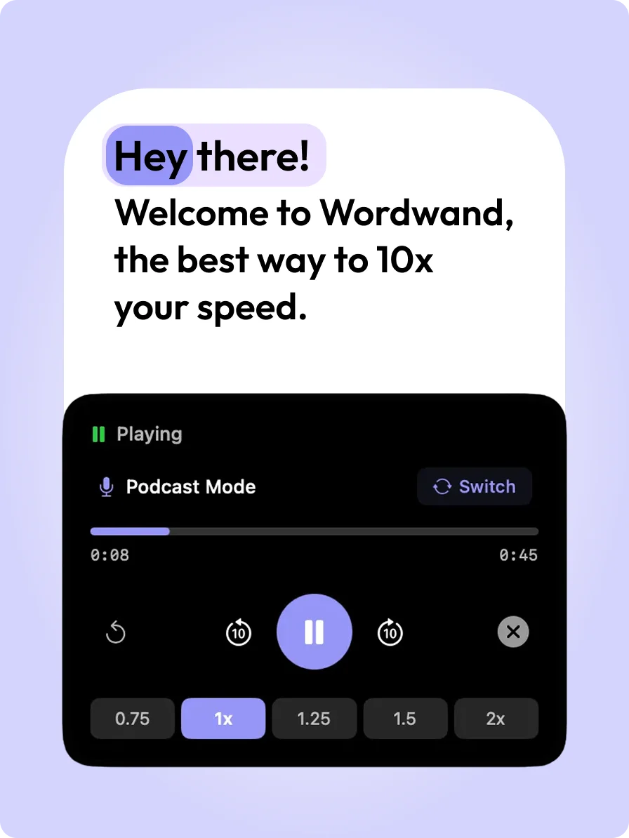 WordWand text-to-speech and podcast mode converting text to audio on Mac